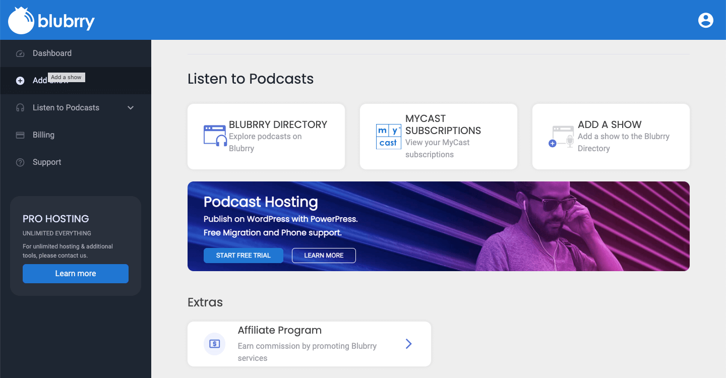 Blubrry podcast dashboard