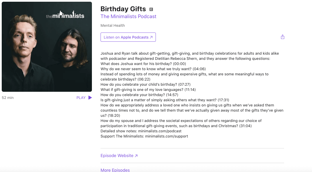 Birthday Gifts episode the minimalists podcast summary