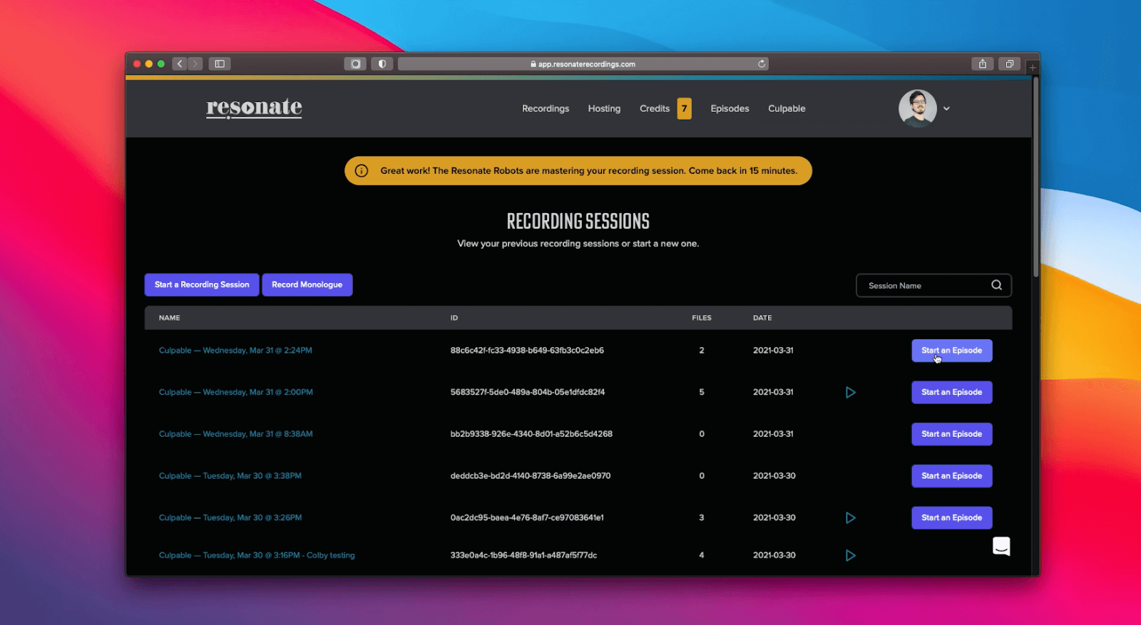 Resonate recordings for starting an episode
