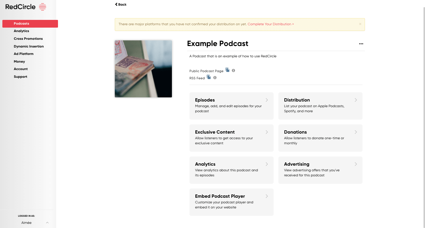 The RedCircle Dashboard with different podcast features.