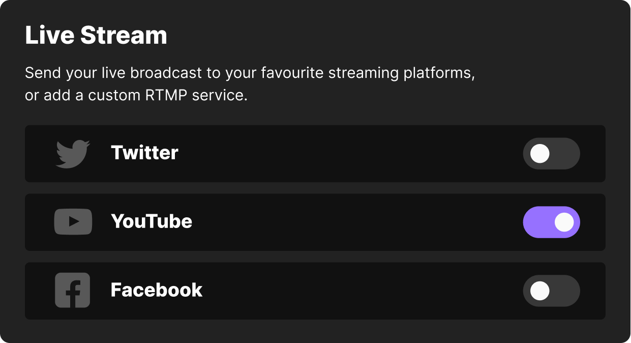 Live Stream settings panel with options to send live broadcasts to Twitter, YouTube, and Facebook; YouTube toggle is enabled.